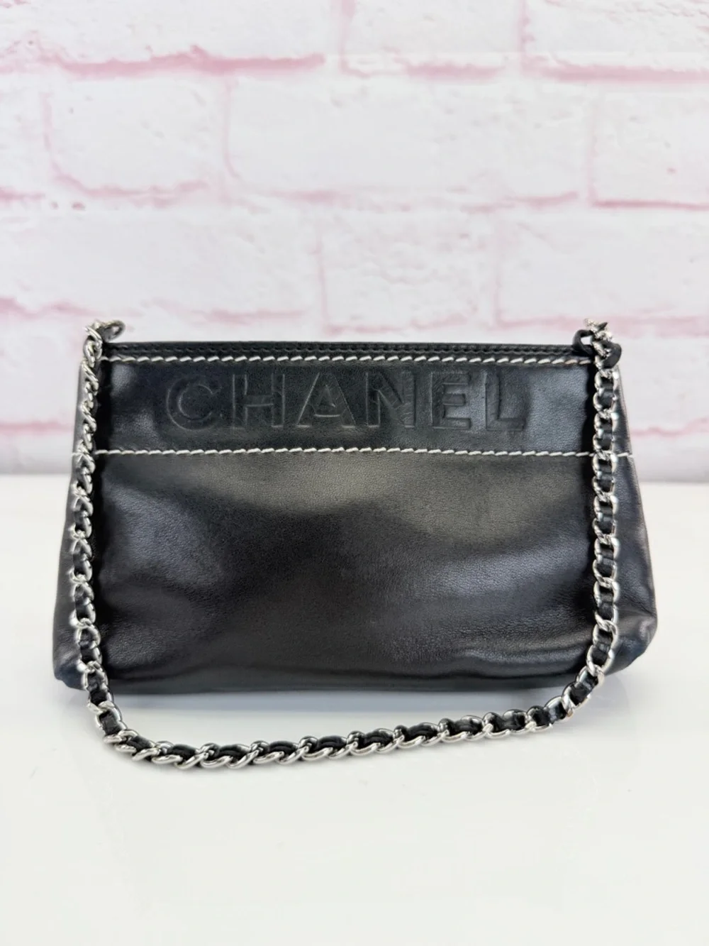 CHANEL LAX Black Leather Chain Shoulder Bag Pochette Embossed Logo